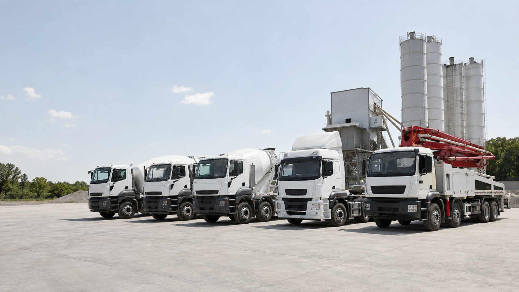 Beton santralinde mikser, pompa ve çekici araçları